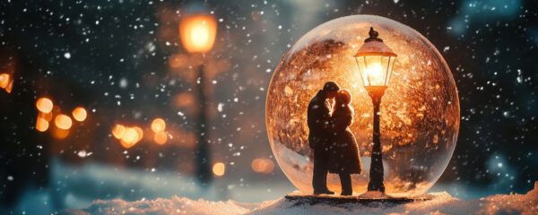 Une boule à neige posée sur un plateau de cinéma, entourée de projecteurs, caméras et accessoires, évoquant la place de cet objet dans la culture visuelle
