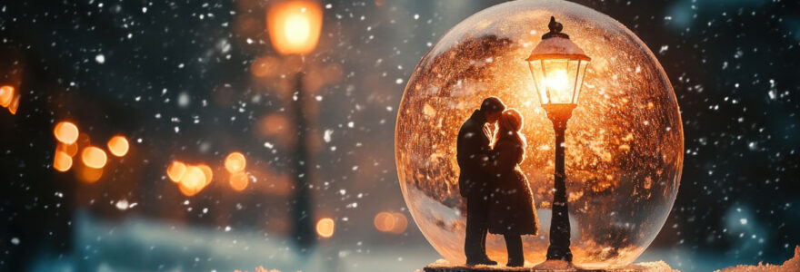 Une boule à neige posée sur un plateau de cinéma, entourée de projecteurs, caméras et accessoires, évoquant la place de cet objet dans la culture visuelle