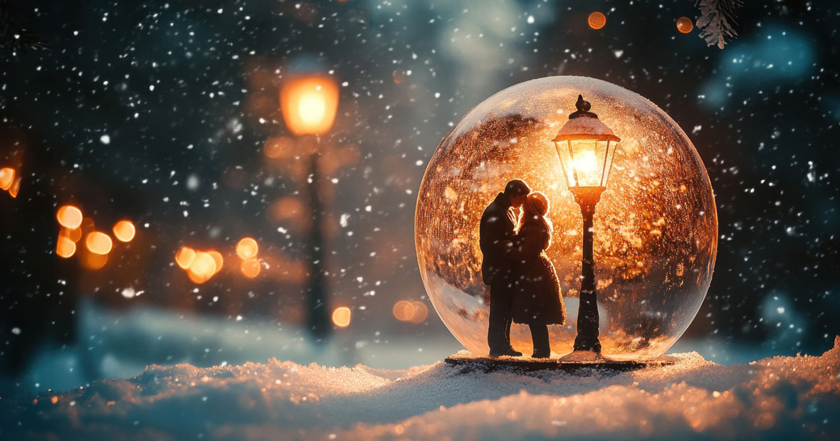 Une boule à neige posée sur un plateau de cinéma, entourée de projecteurs, caméras et accessoires, évoquant la place de cet objet dans la culture visuelle
