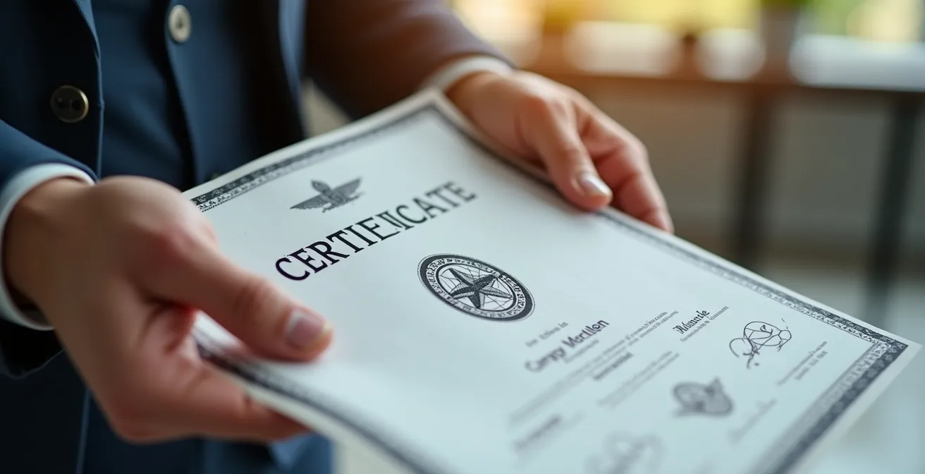 Plan rapproché sur des mains tenant délicatement une attestation officielle avec un cachet circulaire visible, geste professionnel et posé, arrière-plan flou montrant un environnement de bureau moderne, lumière naturelle douce créant des ombres subtiles sur les mains