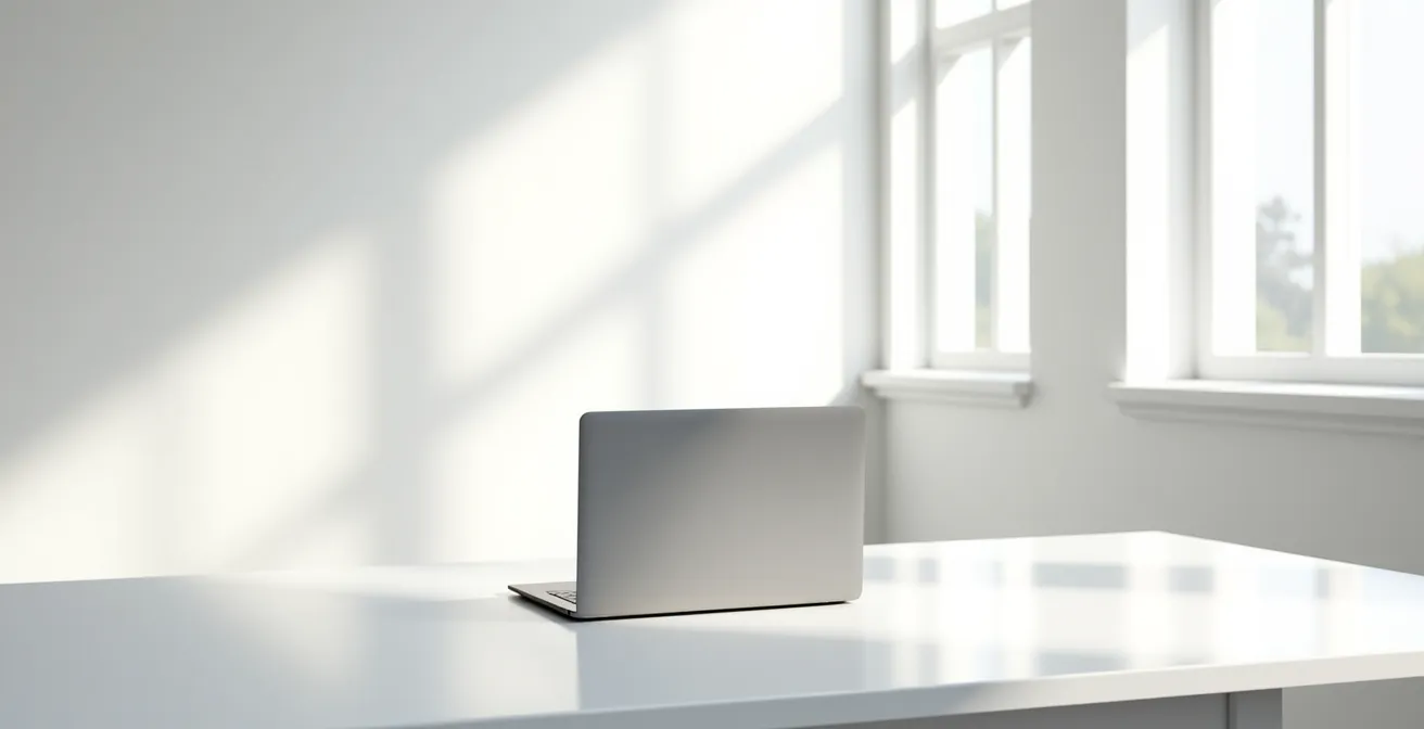 Vue large et minimaliste d'un bureau contemporain épuré avec un ordinateur portable fermé posé sur une surface blanche immaculée, grande fenêtre en arrière-plan diffusant une lumière naturelle douce, espace négatif dominant pour créer une atmosphère de sérénité