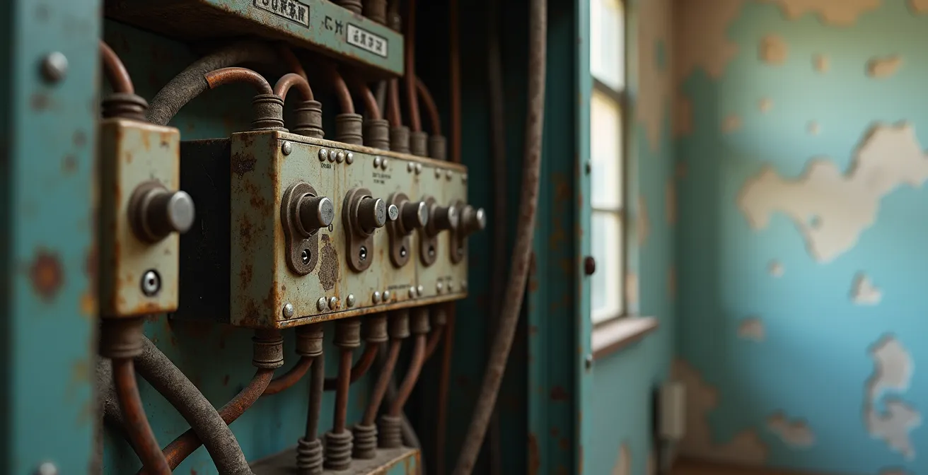 Tableau électrique vieilli montrant des composants obsolètes, fusibles anciens et absence de protection différentielle, avec éclairage dramatique soulignant les risques de sécurité