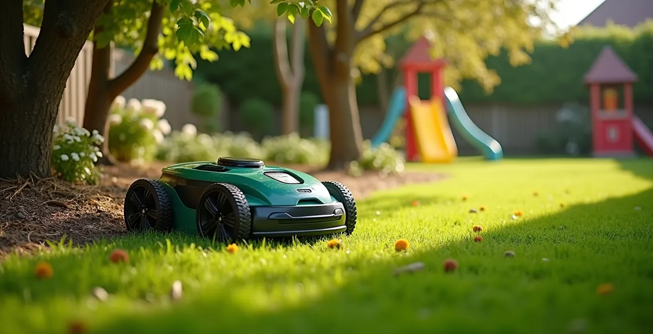 Vue photographique d'un robot tondeuse navigant autour d'obstacles naturels et décoratifs dans un jardin semi-ombragé avec herbe verte