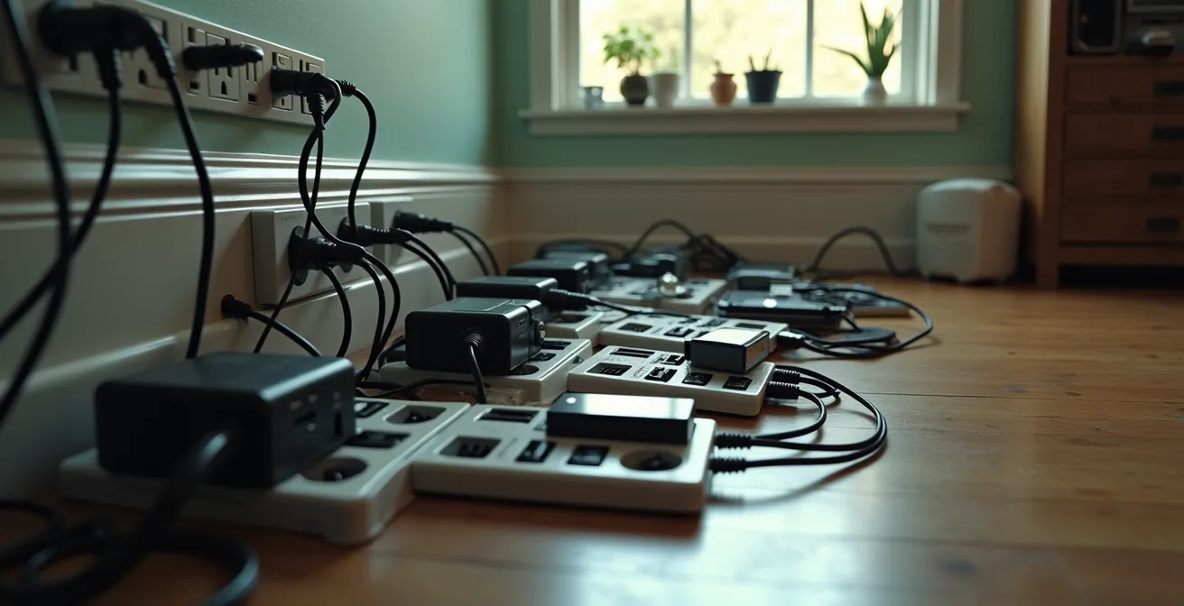 Ensemble de multiprises branchées en cascade dans un intérieur résidentiel, montrant l'accumulation d'appareils électriques branchés, avec détail sur les zones de contact surchargées et les fils entrelacés