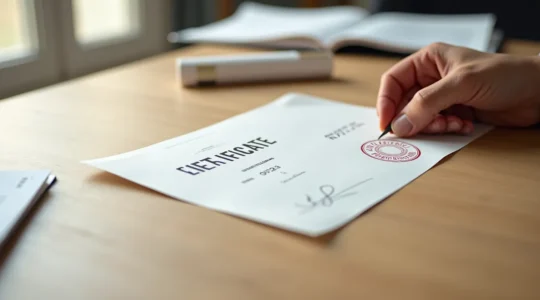 Vue en plongée d'un espace de travail épuré montrant une main tenant une feuille officielle portant un cachet de publication et une signature manuscrite, avec des documents juridiques disposés sur un bureau en bois clair, éclairage naturel doux venant de la fenêtre créant des ombres douces