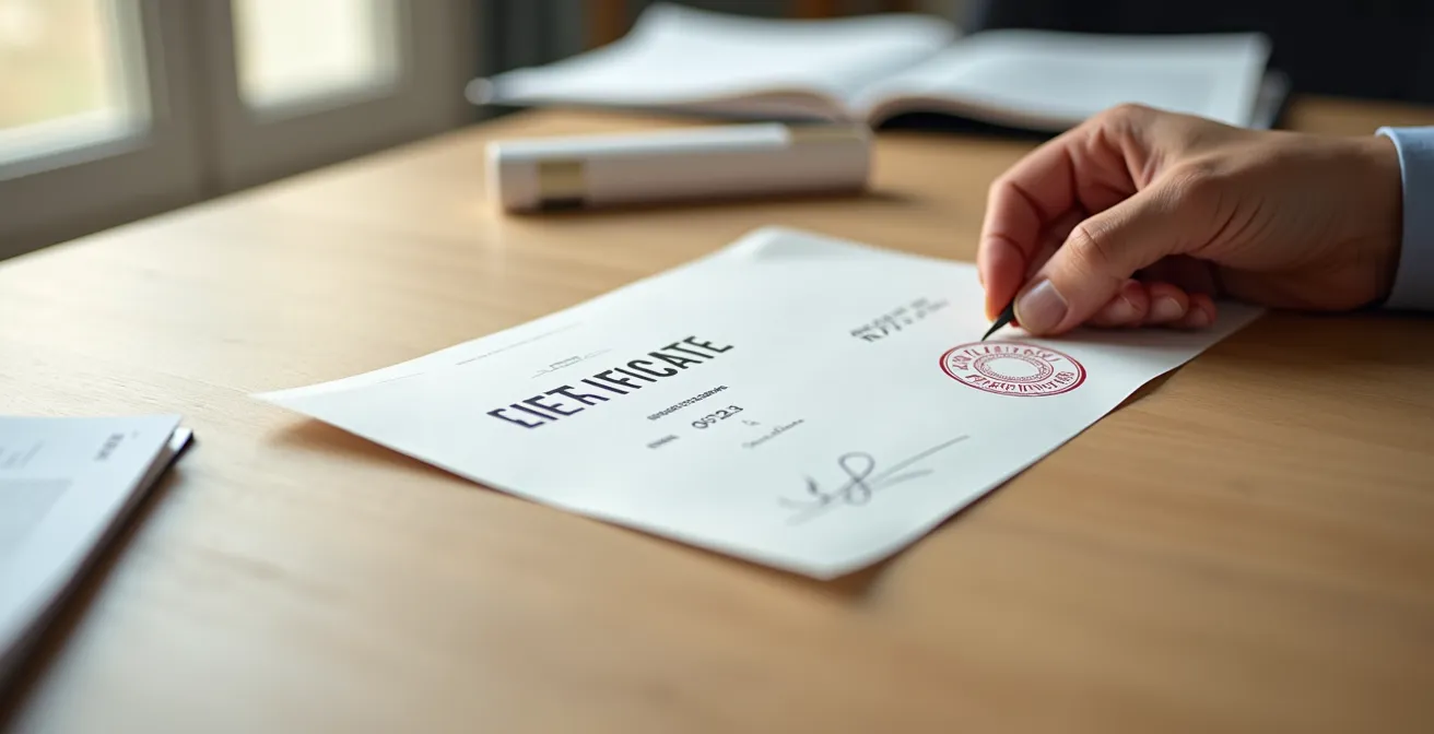 Vue en plongée d'un espace de travail épuré montrant une main tenant une feuille officielle portant un cachet de publication et une signature manuscrite, avec des documents juridiques disposés sur un bureau en bois clair, éclairage naturel doux venant de la fenêtre créant des ombres douces