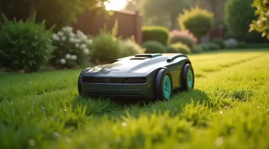 Photographie réaliste d'un robot tondeuse dans un jardin en pente avec herbe verte bien entretenue, lumière naturelle douce et arrière-plan flouté