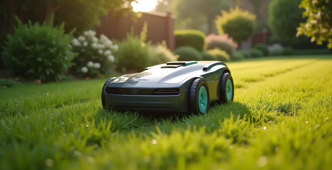 Photographie réaliste d'un robot tondeuse dans un jardin en pente avec herbe verte bien entretenue, lumière naturelle douce et arrière-plan flouté