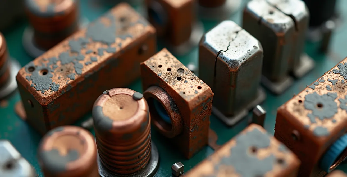 Détail macro d'un panneau électrique ancien montrant l'oxydation, les connexions corrodées, les points de surchauffe légèrement brûlés et l'accumulation de poussière—textures métalliques révélant l'usure