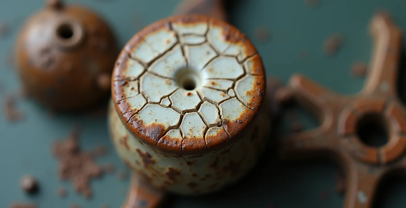 Détail en gros plan d'un ancien porte-fusible en porcelaine montrant l'usure et la texture