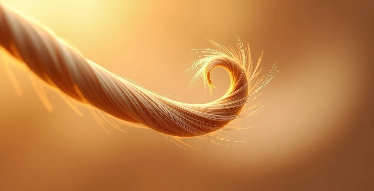 Détail macro d'une mèche de cheveux montrant sa texture et structure