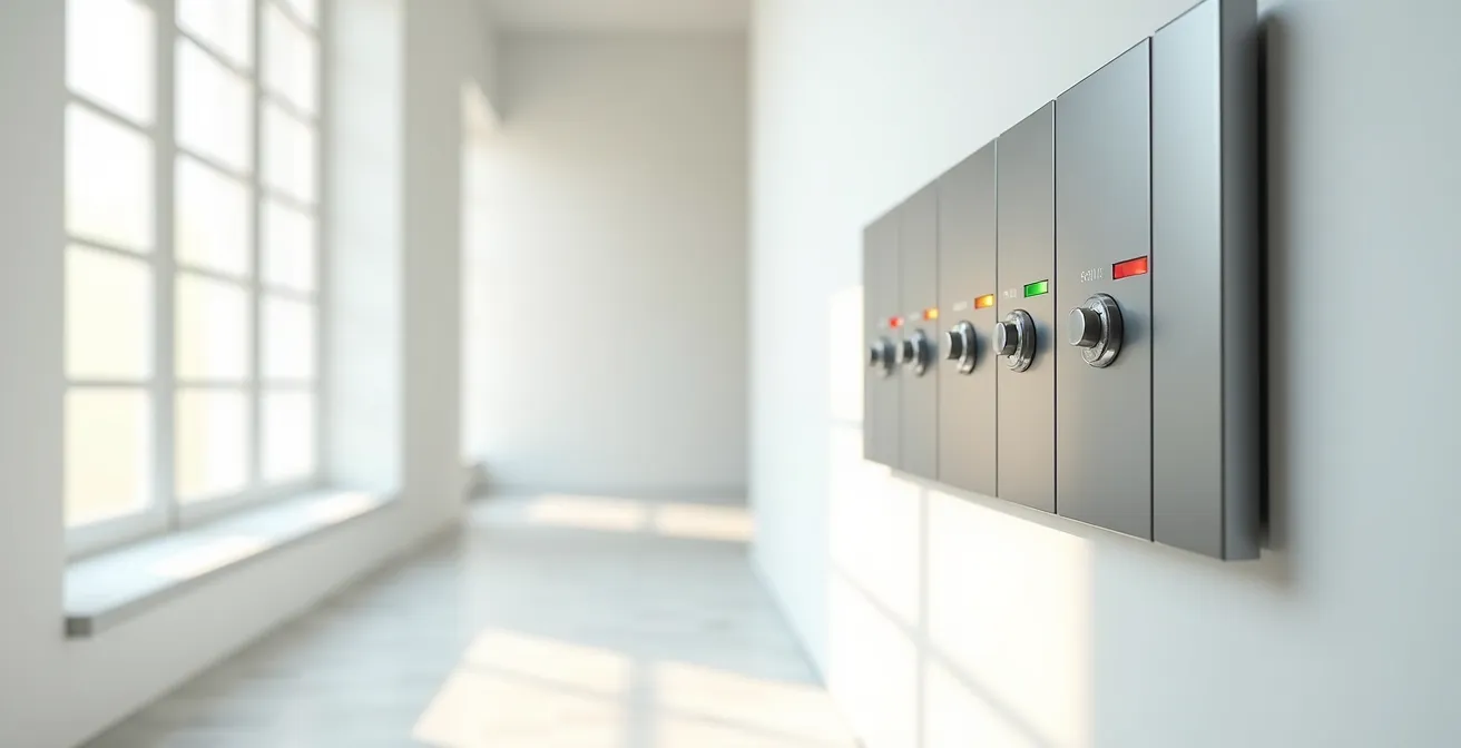 Vue d'ensemble d'un mur avec tableau électrique moderne dans un environnement épuré