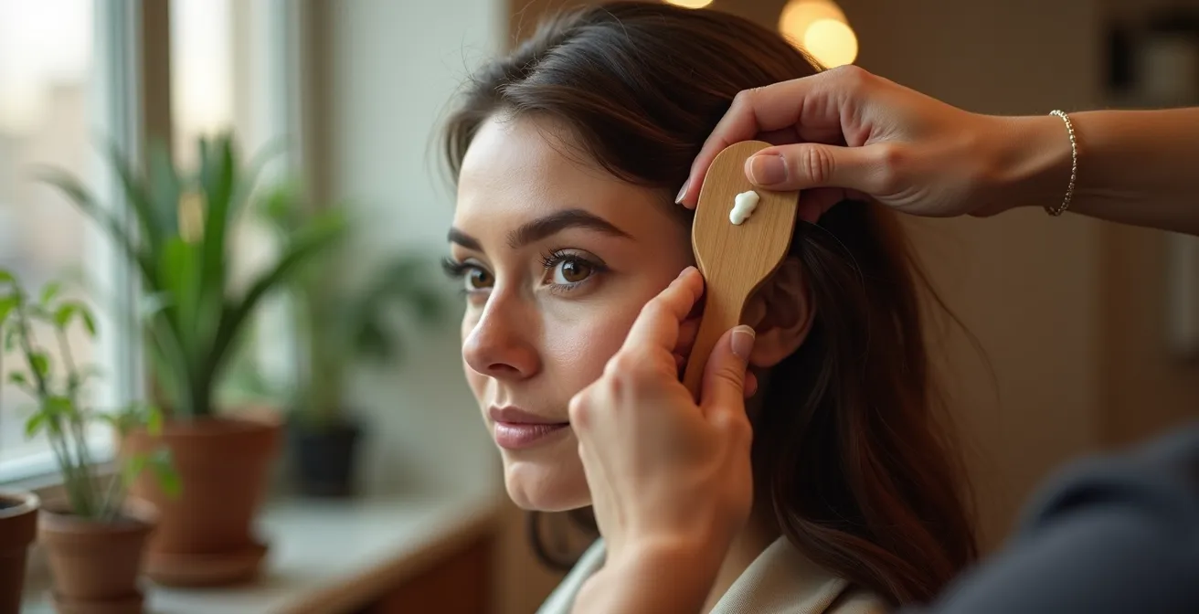 Mains de coiffeur appliquant la technique du layering végétal
