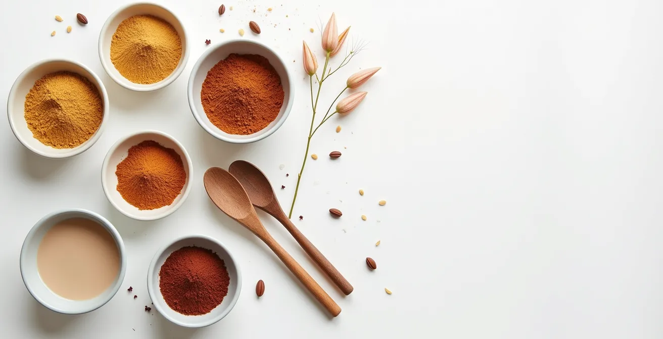 Comparaison visuelle entre produits de coloration traditionnels et végétaux sur une surface en bois