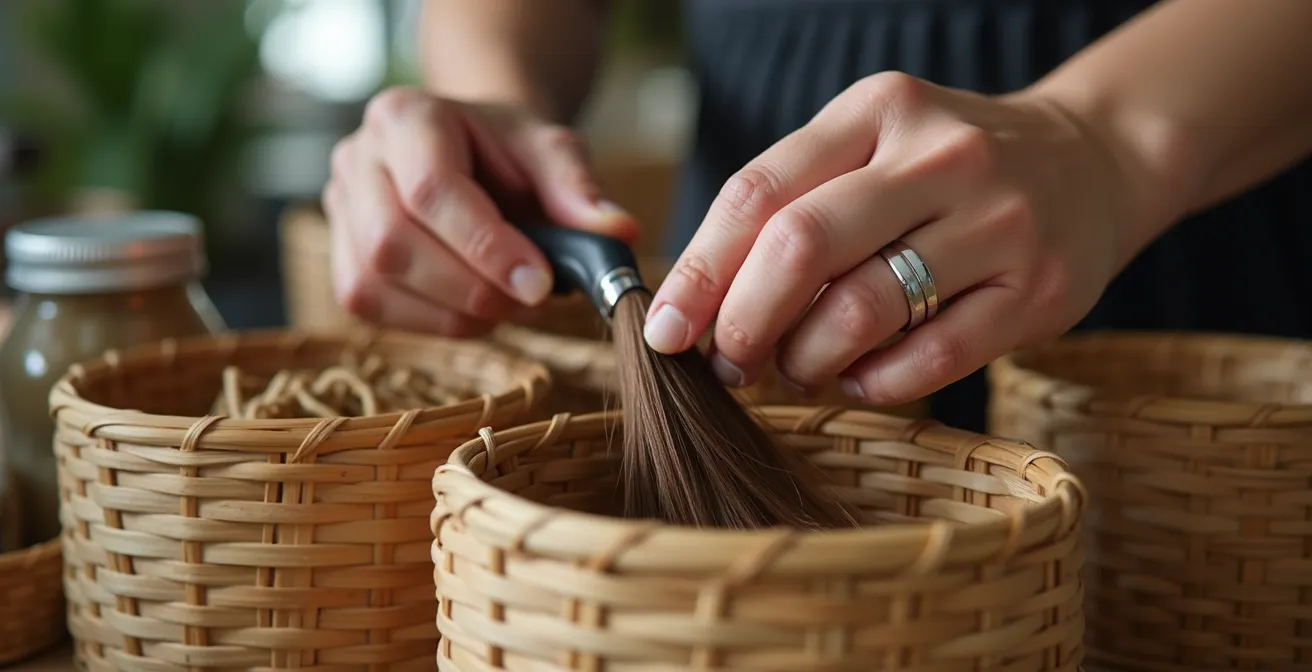 Mains triant des cheveux coupés dans des bacs de recyclage spécifiques