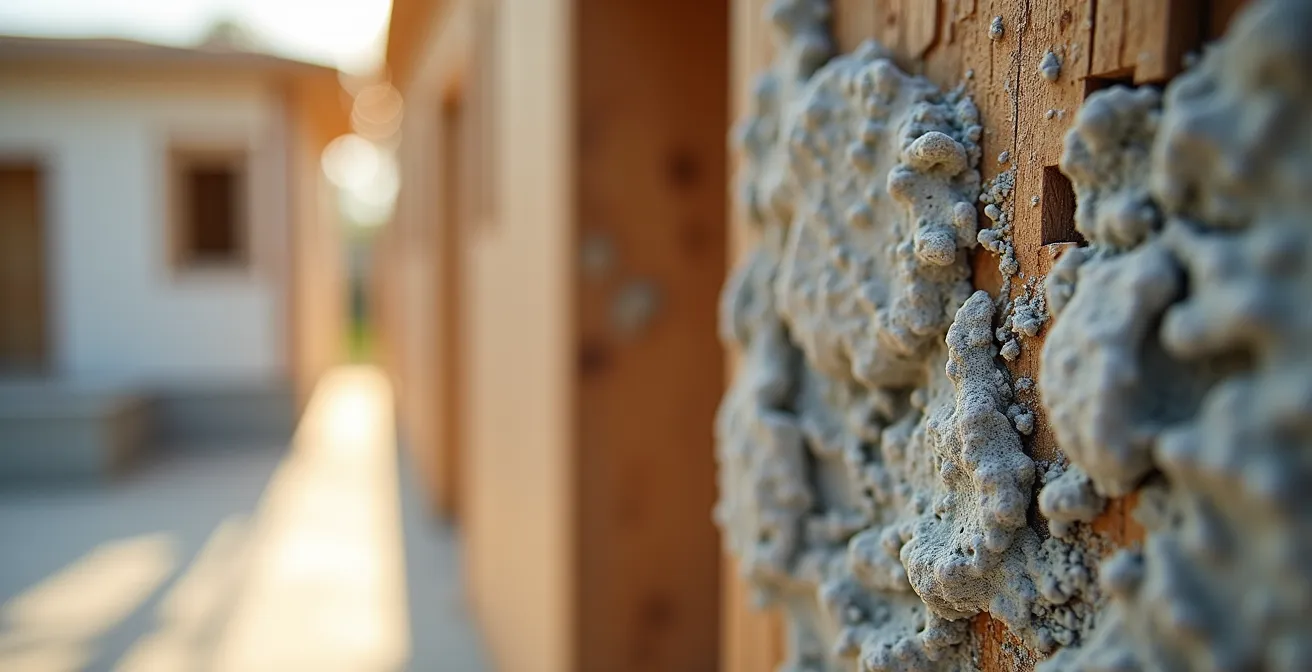 Vue macro de matériaux de construction montrant les textures de plâtre et bois brut
