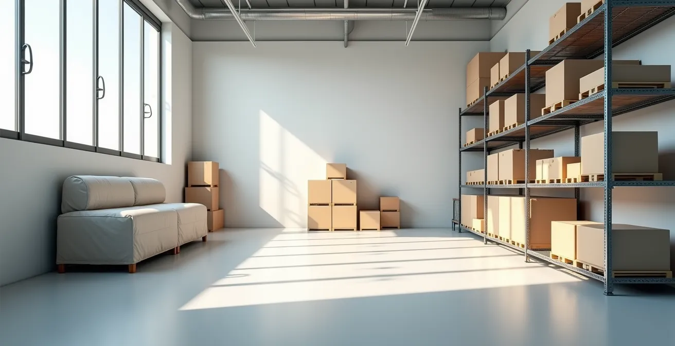 Vue d'ensemble d'un box de stockage parfaitement organisé avec espaces optimisés