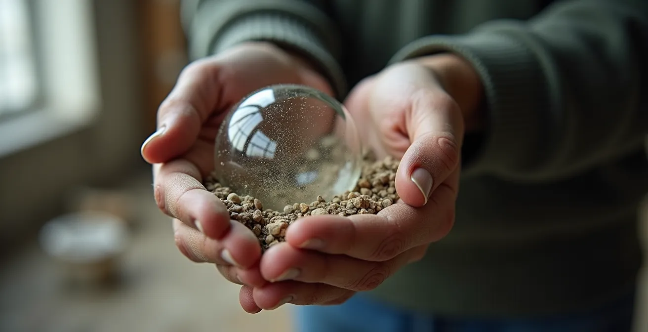 Gros plan de mains protégeant délicatement un objet fragile dans un environnement de chantier poussiéreux