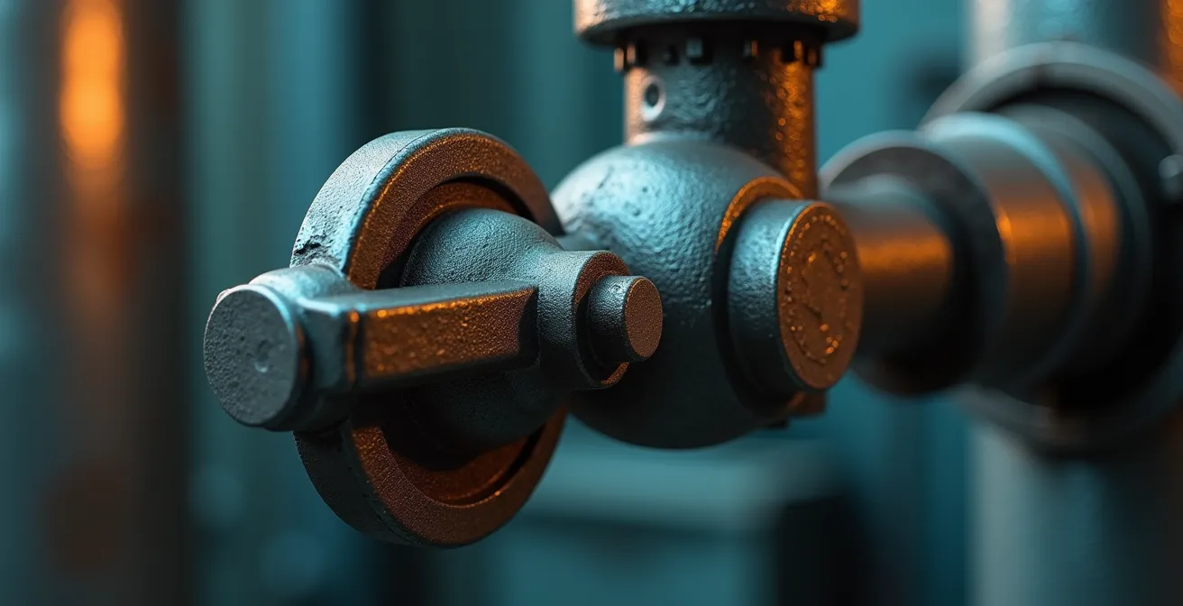 Détail macro d'une valve de sécurité industrielle montrant la robustesse technique