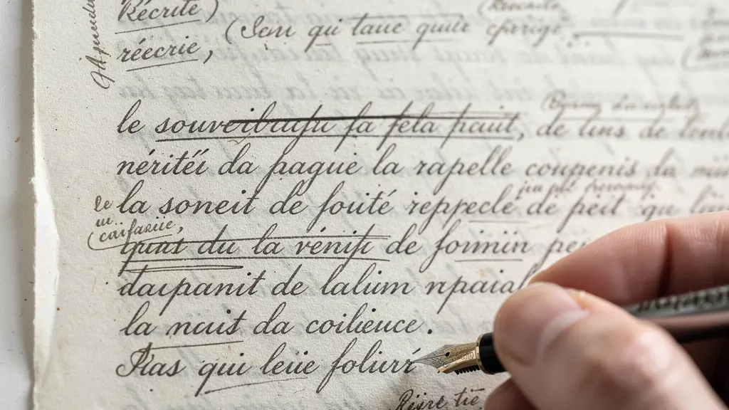 Détail de ratures et corrections sur manuscrit littéraire ancien
