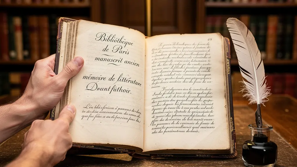 Manuscrit littéraire ouvert sur bureau de bibliothèque avec écriture manuscrite visible