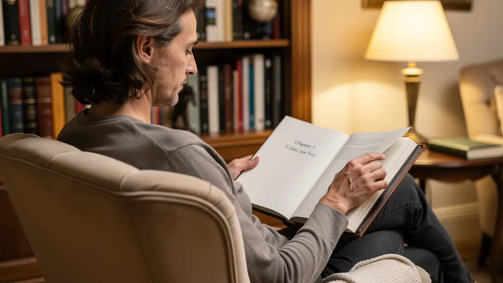 Lecteur découvrant un fac-similé de manuscrit dans un intérieur chaleureux
