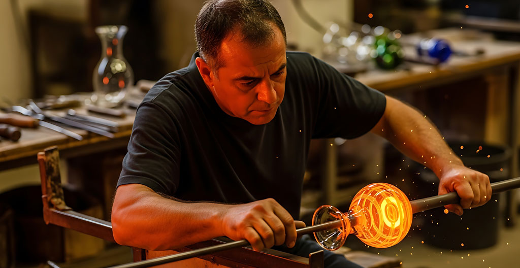 Artisan souffleur de verre travaillant près du four en atelier traditionnel