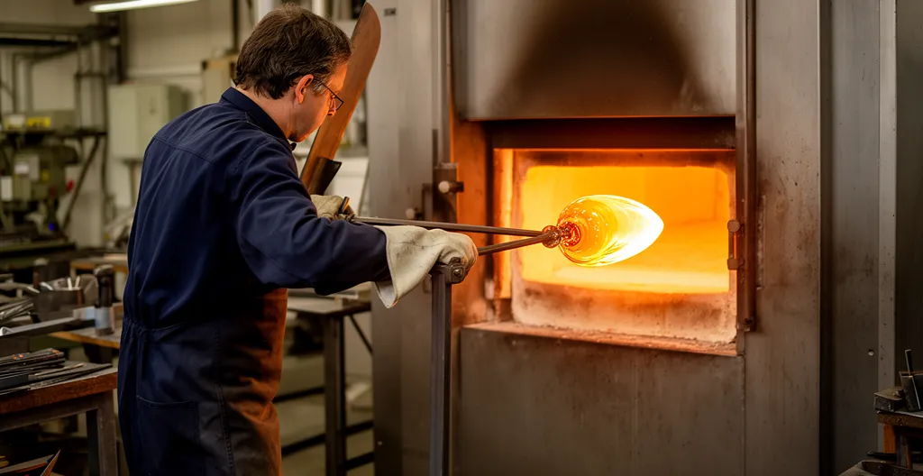 Artisan souffleur de verre travaillant près du four en atelier traditionnel