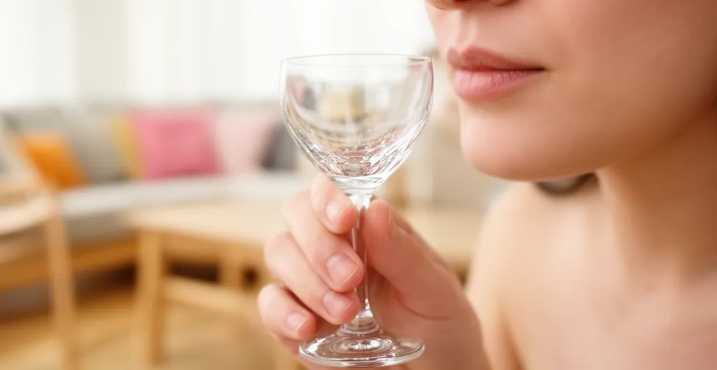 Gros plan sur le buvant fin d'un verre cristallin avant dégustation de vin