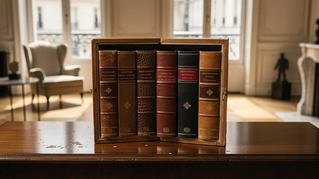 Coffret de fac-similés ouvert dans un salon français élégant