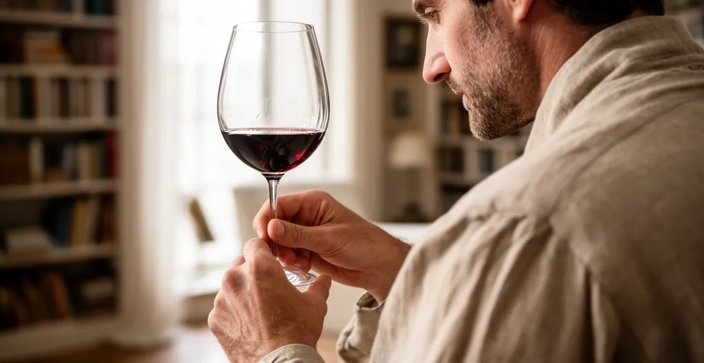 Personne tenant un verre à vin fin par la jambe observant la robe du vin