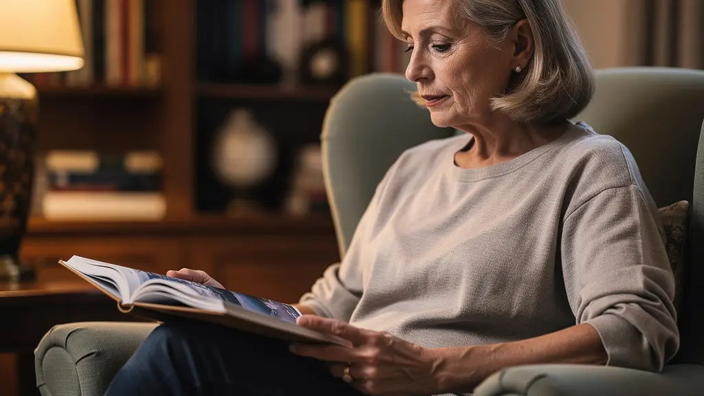 Personne consultant un beau livre relié dans un intérieur chaleureux