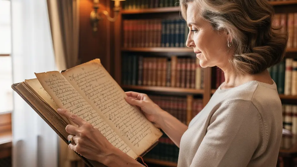 Lectrice absorbée par un manuscrit ancien dans une bibliothèque personnelle