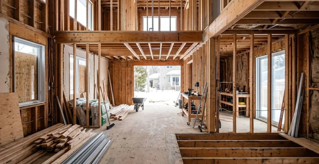 Vue grand angle d'un chantier résidentiel en phase de démolition avec structure de bois apparente et espace intérieur vide baigné de lumière naturelle