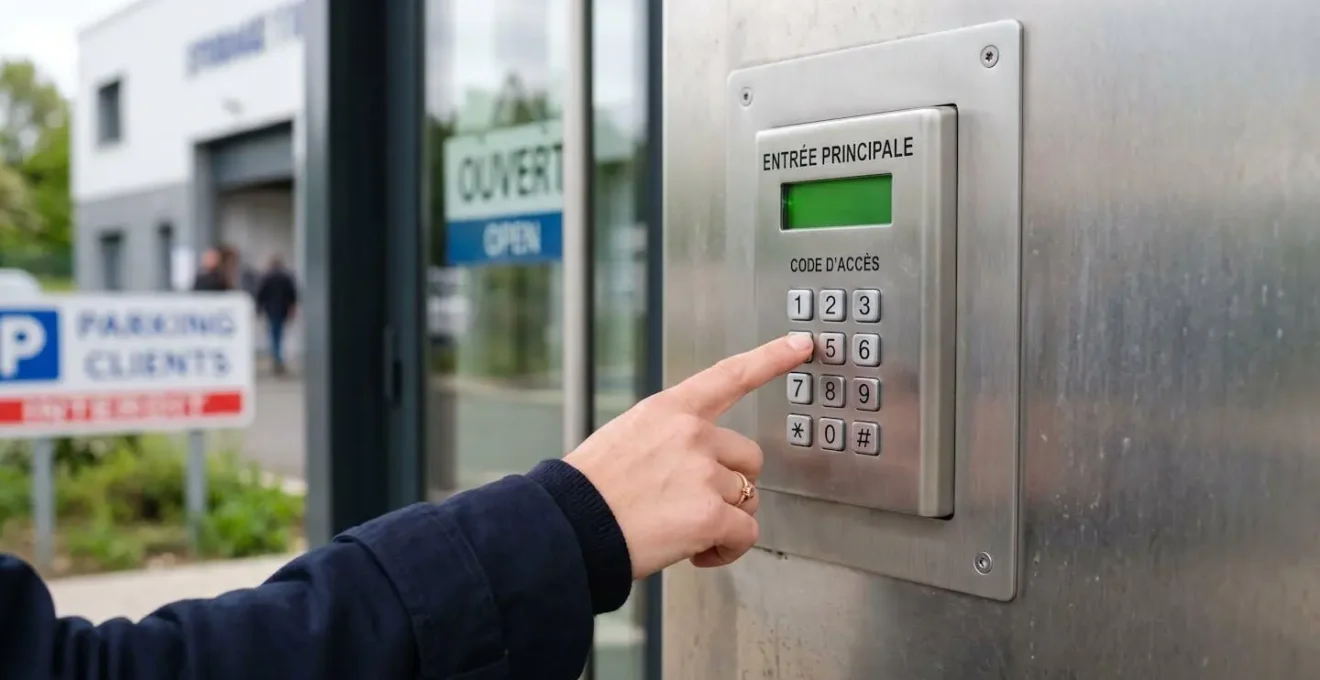 Gros plan sur une main tapant un code d'accès personnel sur un clavier numérique sécurisé à l'entrée d'un centre de stockage moderne