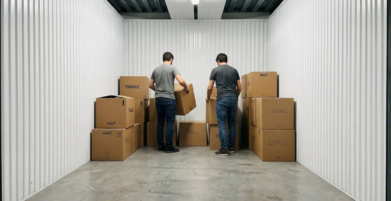 Deux personnes vues de dos organisent des cartons de déménagement dans un box de stockage moderne aux murs blancs et au sol en béton lisse