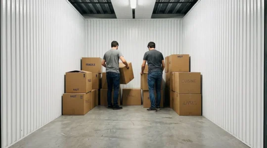 Deux personnes vues de dos organisent des cartons de déménagement dans un box de stockage moderne aux murs blancs et au sol en béton lisse
