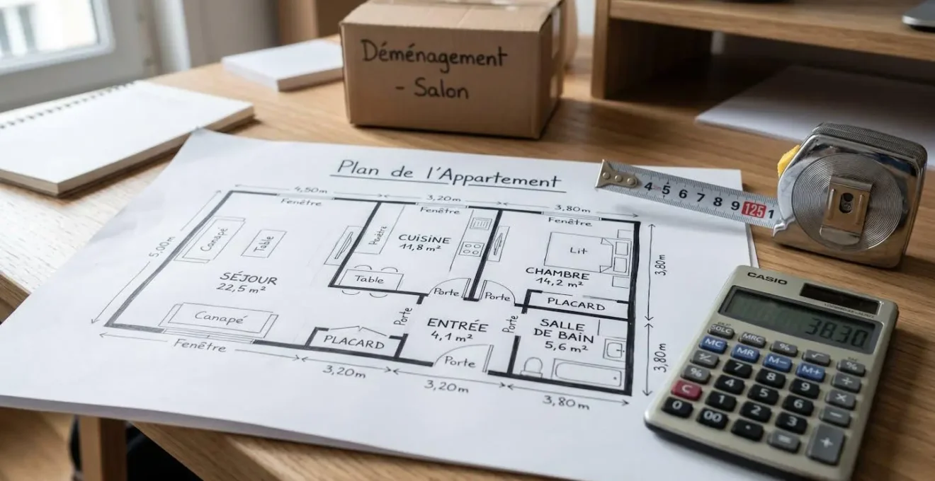 Gros plan sur un croquis de plan de box annoté à la main posé sur un bureau avec une calculatrice et un mètre ruban à côté
