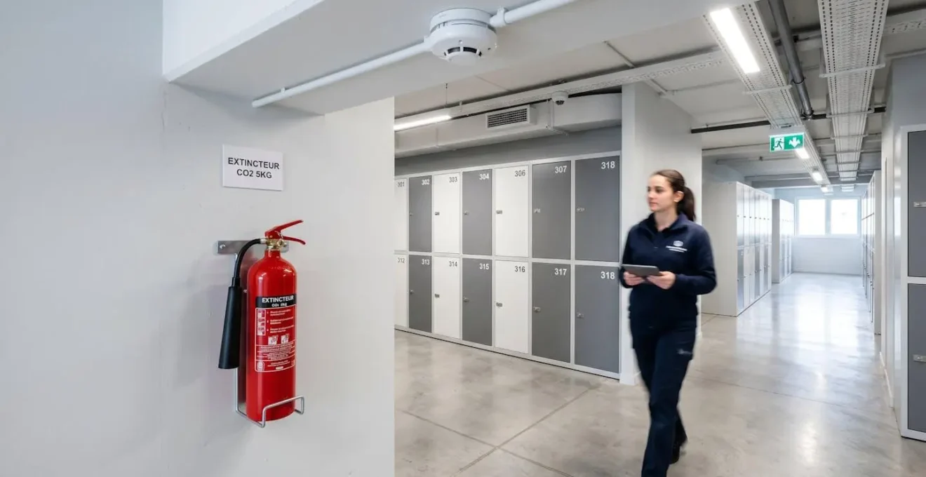 Vue d'ensemble d'un détecteur de fumée au plafond et d'un extincteur rouge fixé au mur dans un couloir de box de stockage aux normes de sécurité