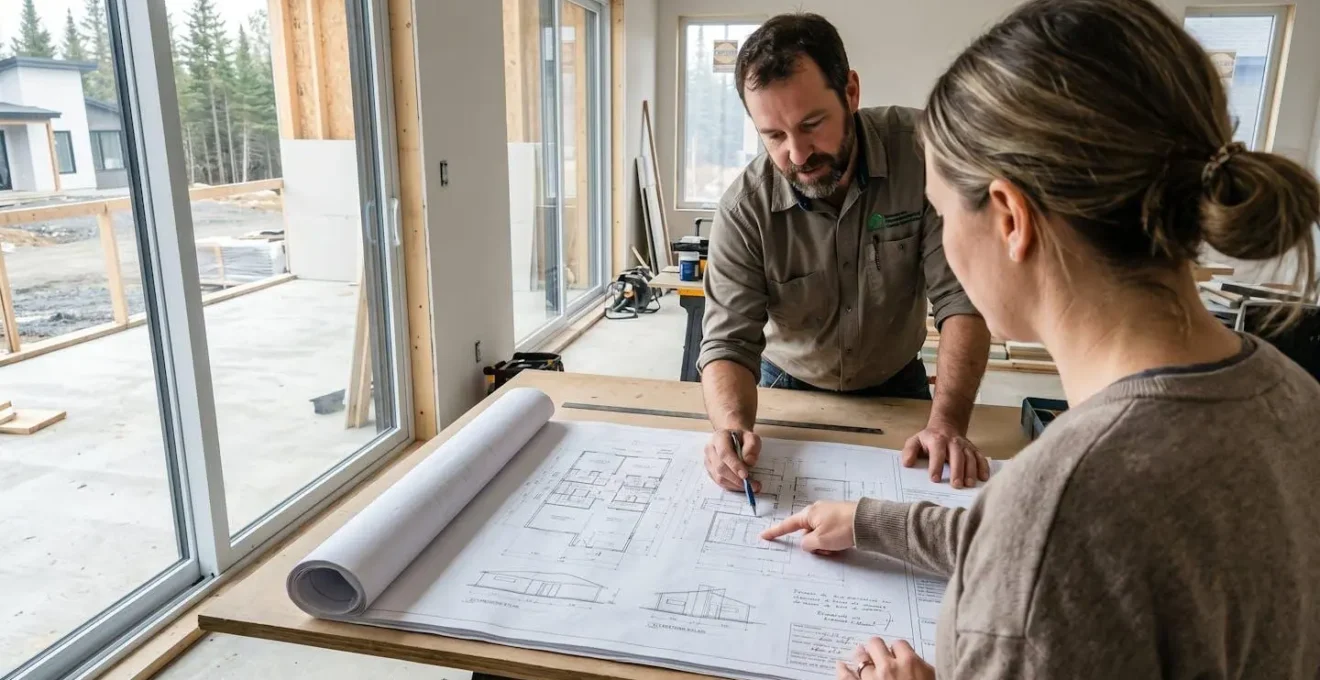 Un entrepreneur et une propriétaire debout autour d'une table de chantier consultent des plans déroulés, vus de profil dans un environnement résidentiel lumineux