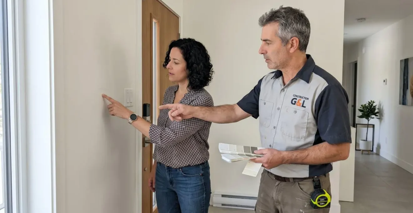 Deux personnes vues de profil inspectent ensemble des finitions murales dans une pièce résidentielle moderne, l'une pointant du doigt un détail de peinture