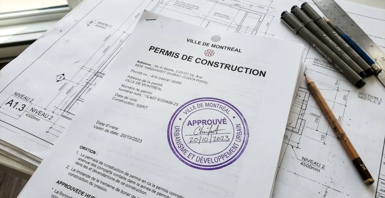 Gros plan macro sur un document de permis de construction du Québec avec tampon municipal partiellement visible, posé sur des plans architecturaux flous en arrière-plan