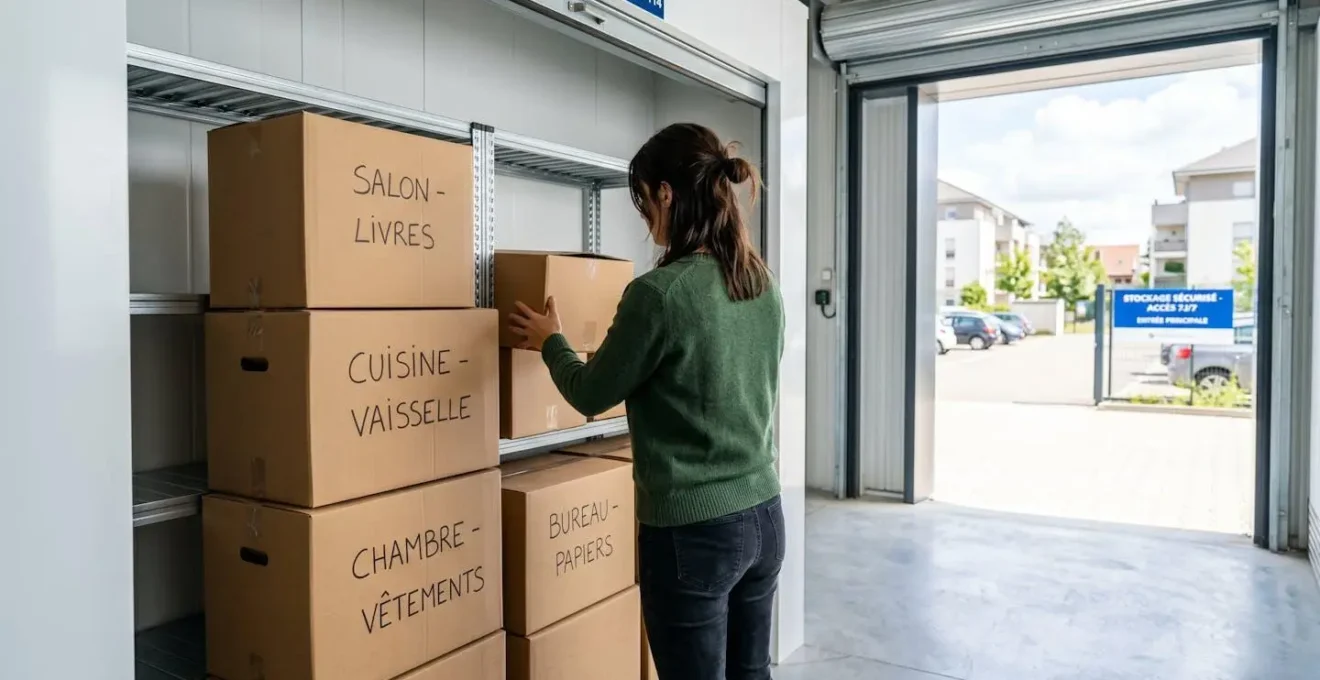 Une personne vue de dos range méthodiquement des cartons étiquetés dans un box de stockage moderne et lumineux