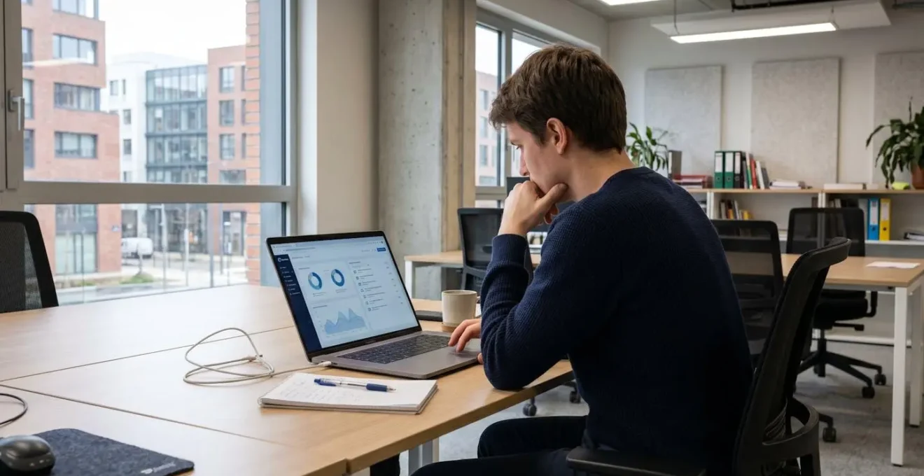 Personne vue de dos consultant un tableau de bord simplifié sur un ordinateur portable avec des graphiques et listes de vérification légèrement visibles, dans un bureau contemporain éclairé naturellement