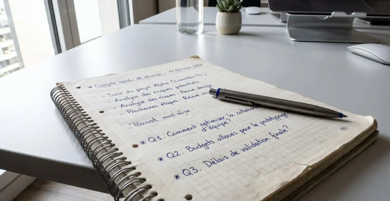 Gros plan d'un carnet de notes ouvert avec des points de qualification structurés écrits à la main et un stylo posé à proximité, sur une surface de bureau contemporaine éclairée naturellement