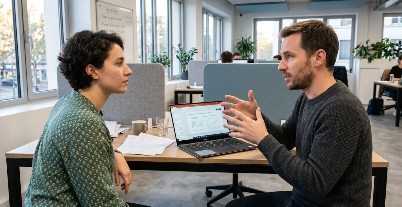Deux personnes en séance de formation commerciale, l'une écoutant attentivement en position de profil pendant que l'autre explique une méthode avec des gestes mesurés, dans un espace de travail contemporain éclairé naturellement
