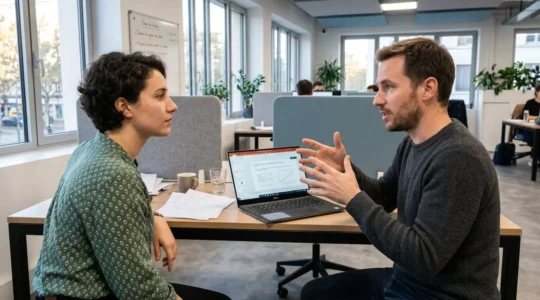 Deux personnes en séance de formation commerciale, l'une écoutant attentivement en position de profil pendant que l'autre explique une méthode avec des gestes mesurés, dans un espace de travail contemporain éclairé naturellement