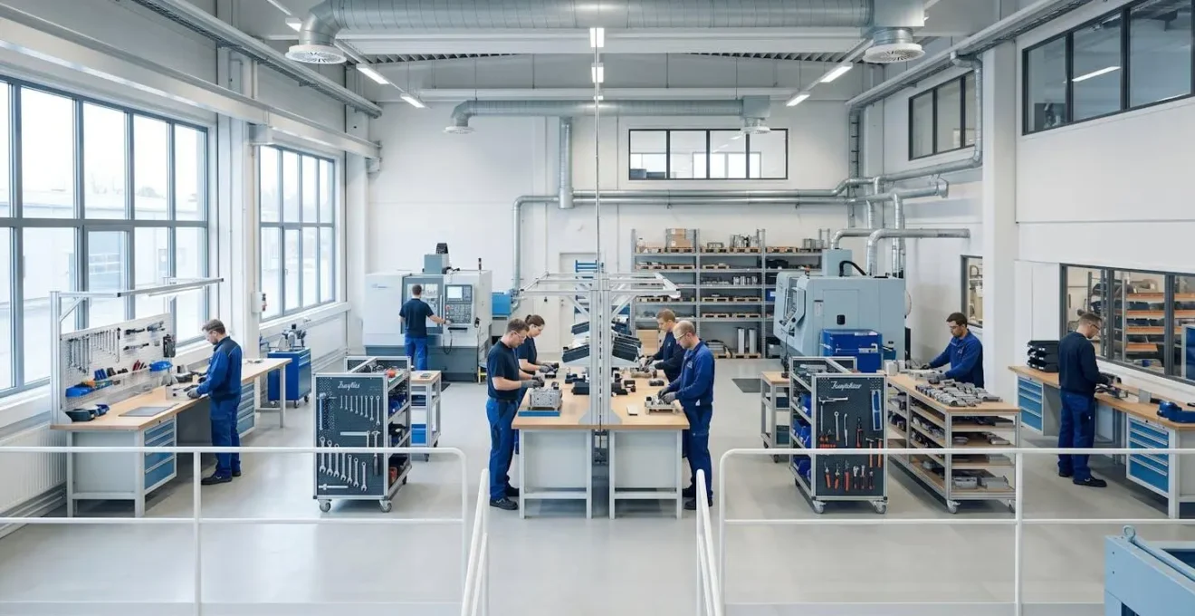 Atelier industriel moderne avec système de ventilation, ambiance lumineuse et ordonnée