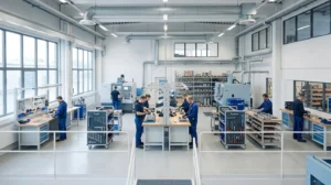 Atelier industriel moderne avec système de ventilation, ambiance lumineuse et ordonnée