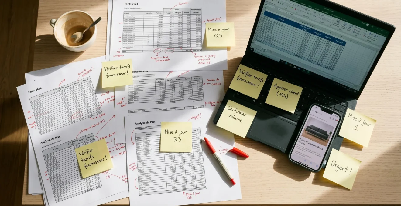 Bureau encombré de feuilles de calcul imprimées, post-its et ordinateur portable affichant un tableur Excel avec données tarifaires, illustrant la complexité de la gestion manuelle des prix